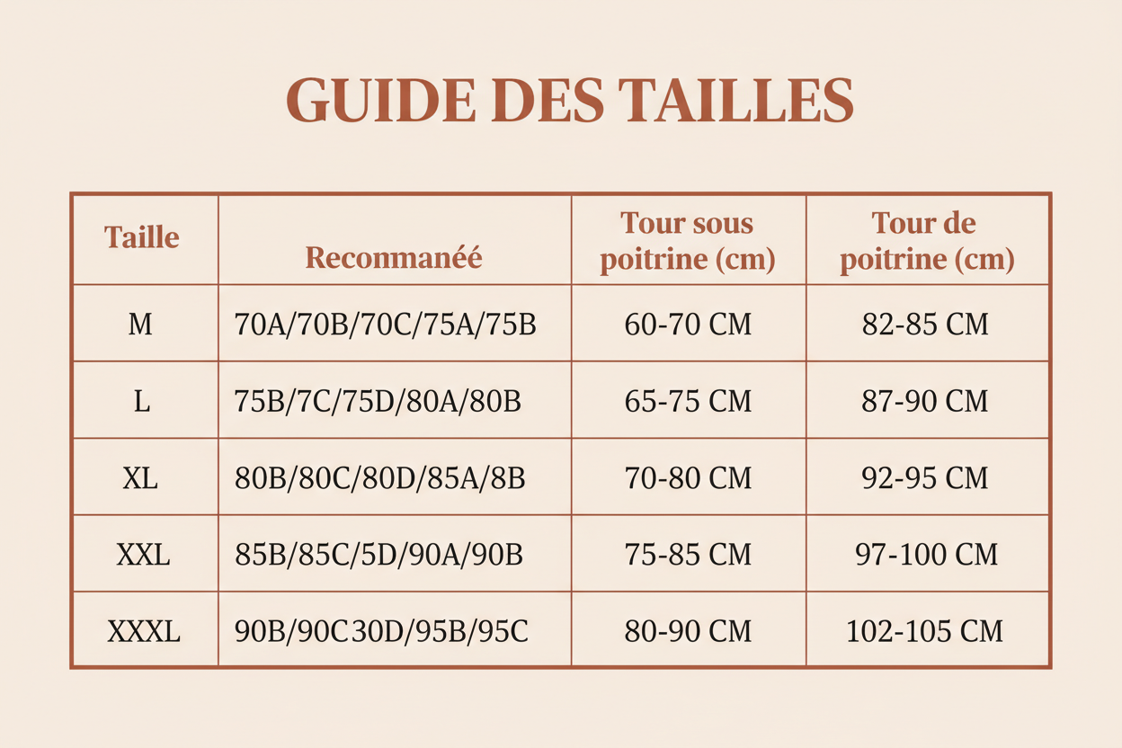 crée moi un guide des taille en français  code couleur de fond ffeee2 code couleur des bordure b66d3c sur base des infos suivente: Size Recommended bust Under Bust(cm) Upper Bust(cm) M 70A/70B/70C/75A/75B 60-70CM 82-85CM V 75B/75C/75D/8OA/8OB 65-75CM 87-90CM XL 80B/80C/80D/85A/85B 70-80CM 92-95CM XXL 85B/85C/85D/90A/90B 75-85CM 97-100CM XXXL 90B/90C/90D/95B/95C C 80-90CM 102-105CM Image